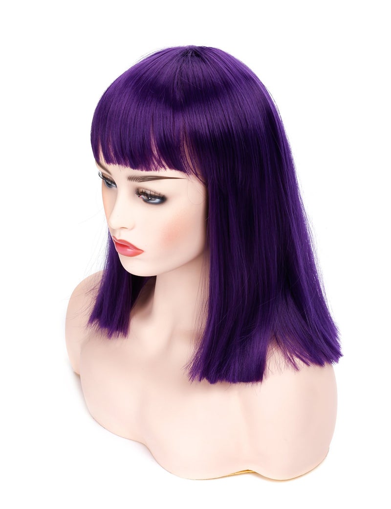 morvally Short Straight Purple Wig with Bangs Natural Looking Heat Resistant Hair Cosplay Costume Wigs for Women (14 inches Dark Purple) - Image 1
